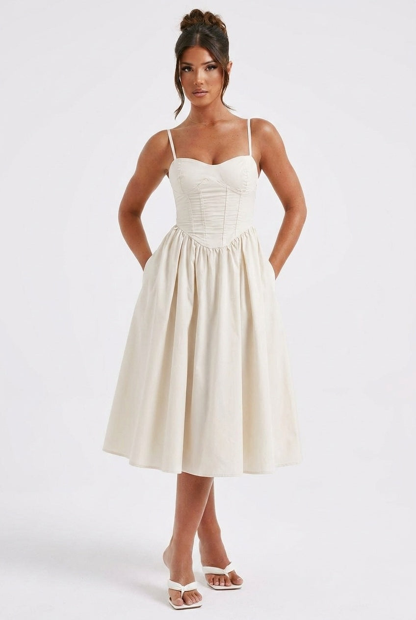 Women ivory corset midi dress, detail close-up