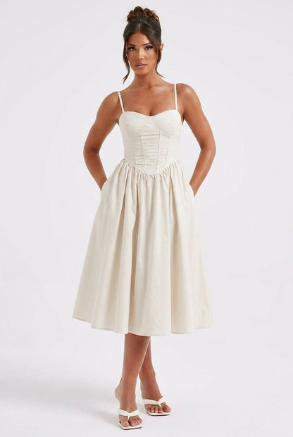 Women ivory corset midi dress, detail close-up