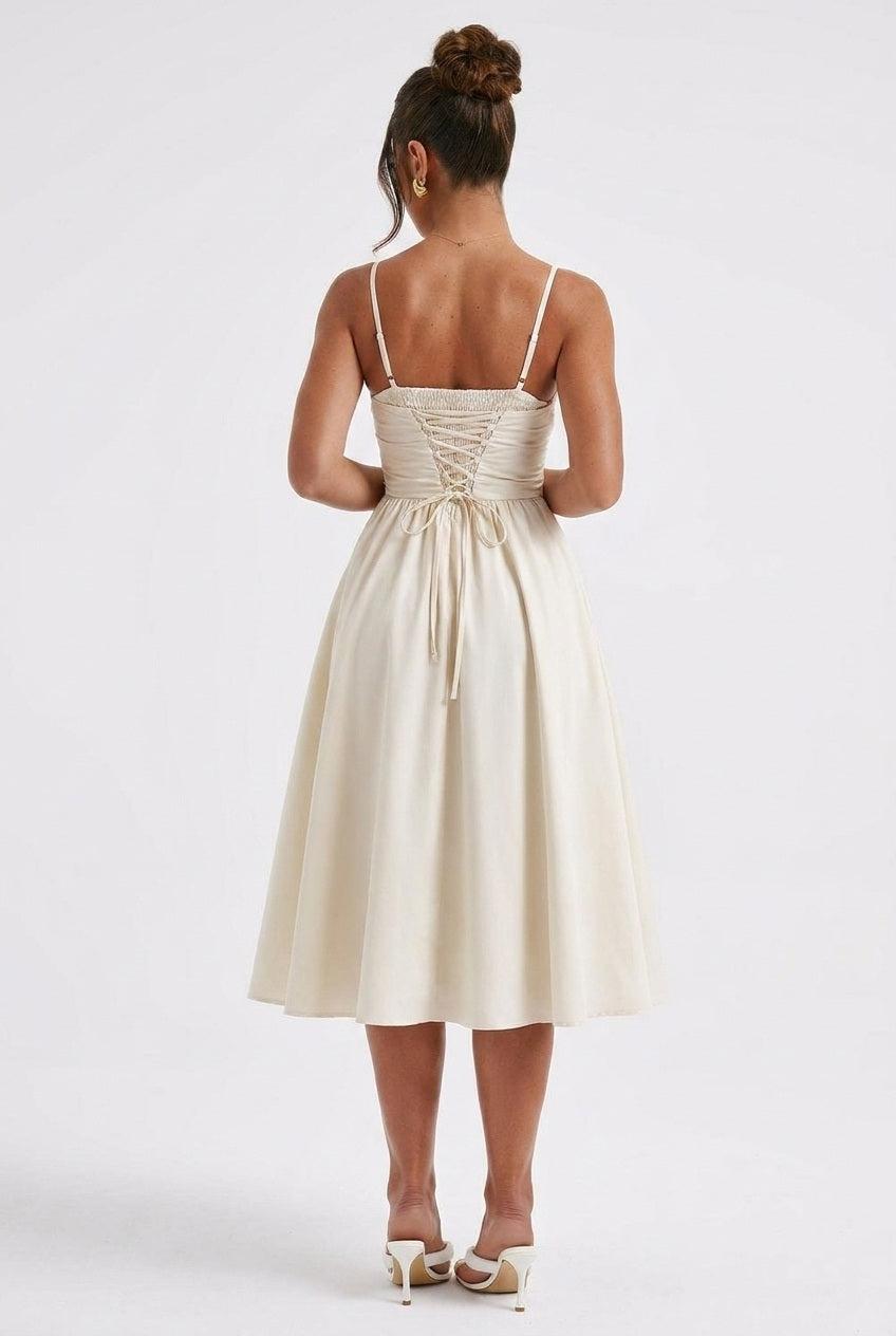 Women ivory corset midi dress, front view