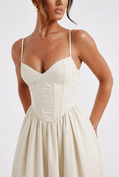 Women ivory corset midi dress, back view
