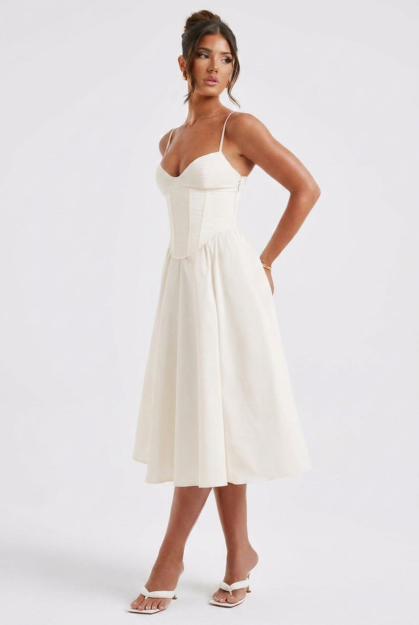 Women ivory corset midi dress, side view