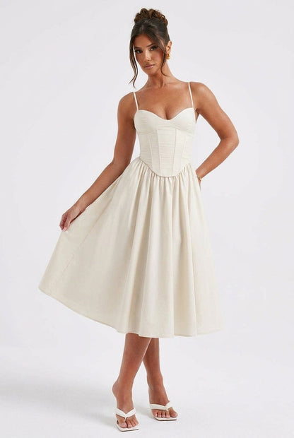 Women ivory corset midi dress, detail close-up