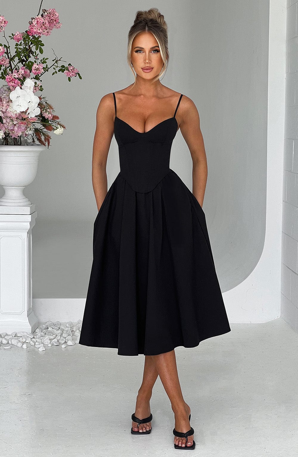 Women black corset midi dress, back view