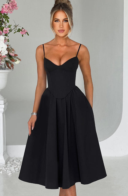 Women black corset midi dress, side view