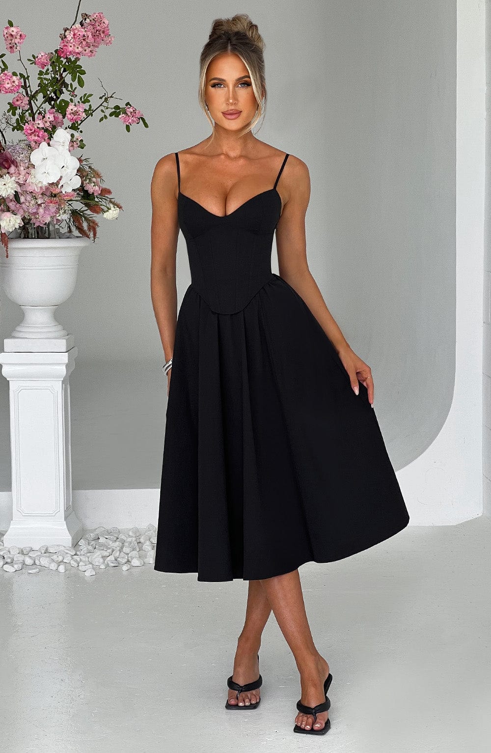 Women black corset midi dress, detail close-up