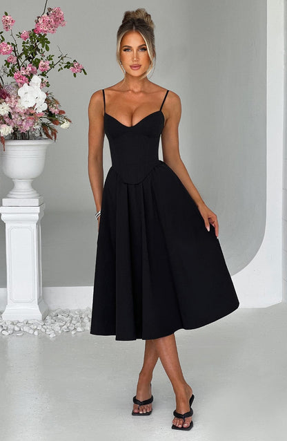 Women black corset midi dress, detail close-up