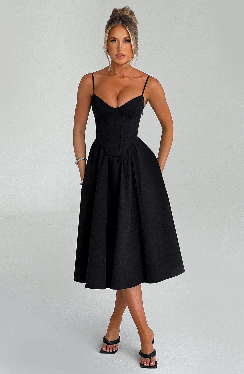Women black corset midi dress, front view