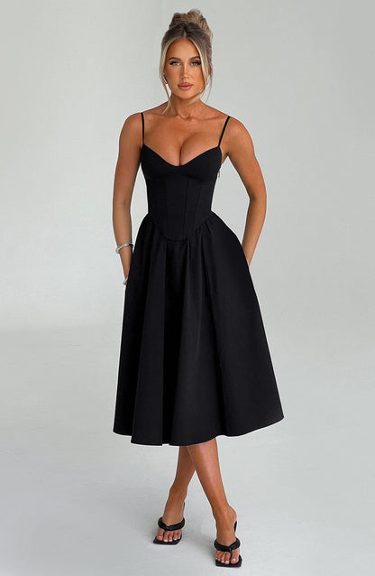Women black corset midi dress, front view