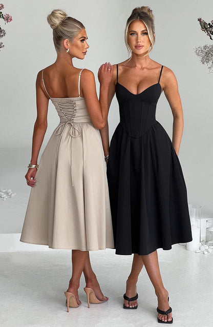 Women black corset midi dress, back view