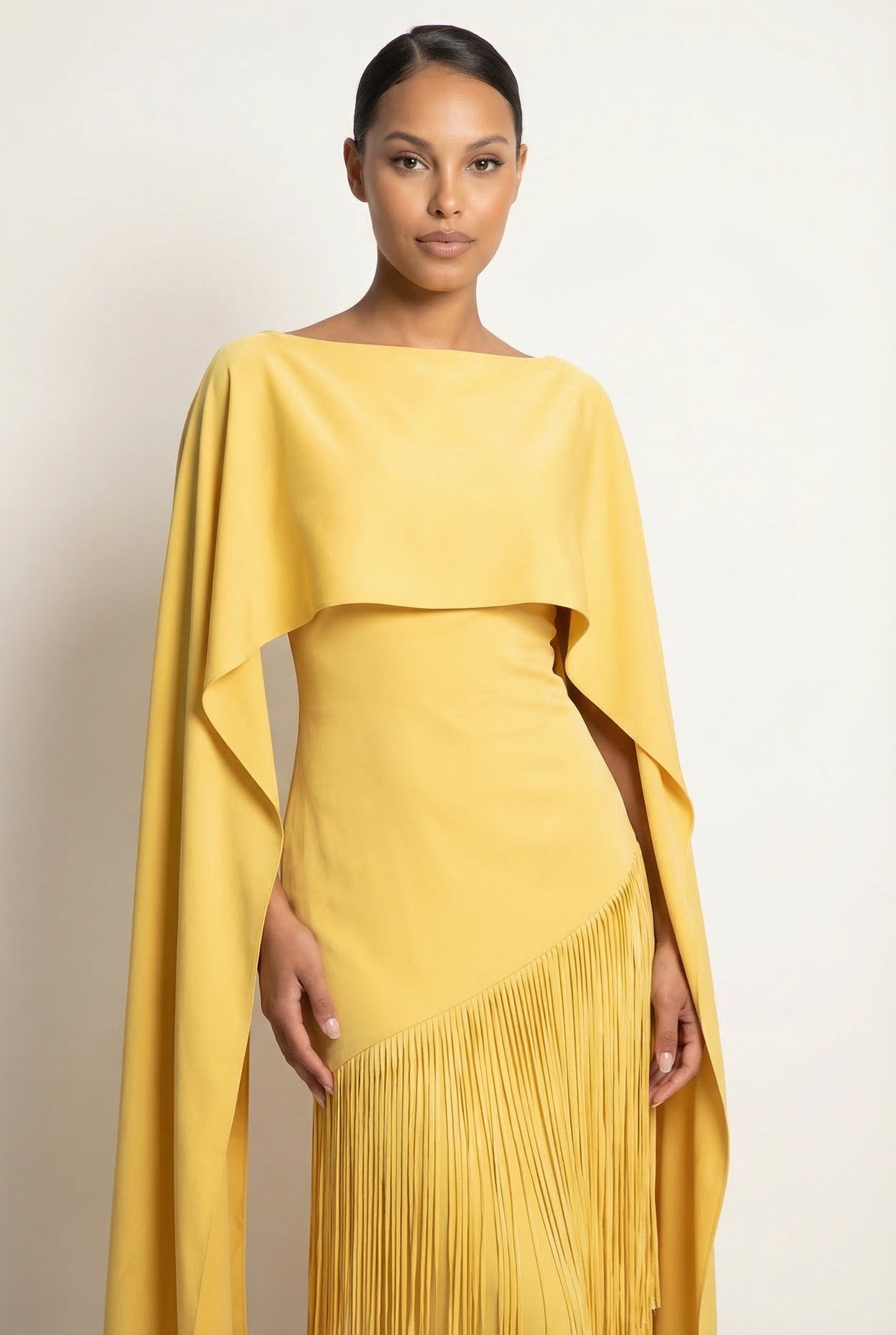Mariah Sleeve Fringe Cape in Yellow