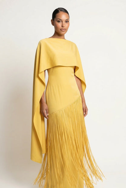 Mariah Sleeve Fringe Cape in Yellow
