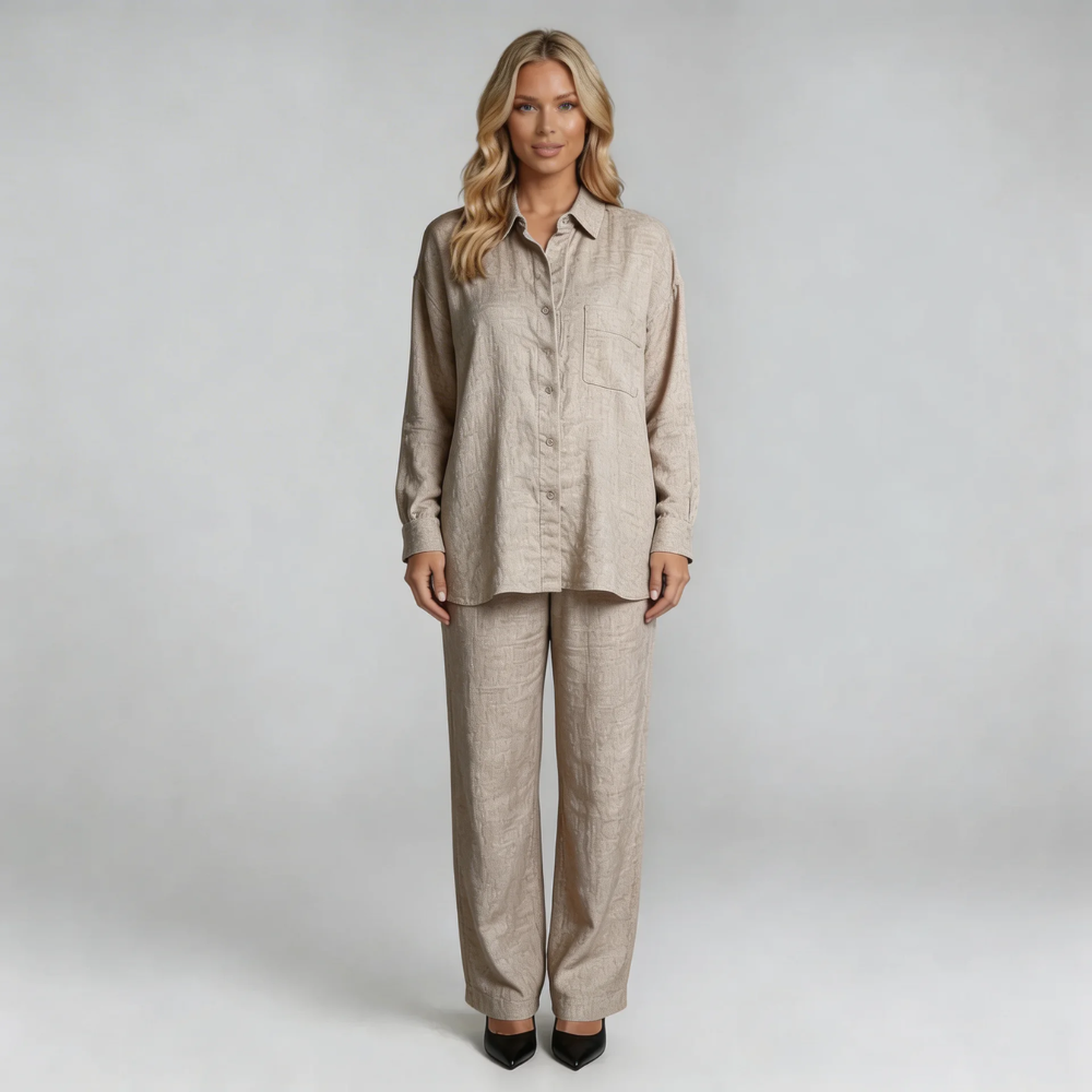 Grey linen button-up shirt and wide-leg pants set — front view highlighting straight-leg pants