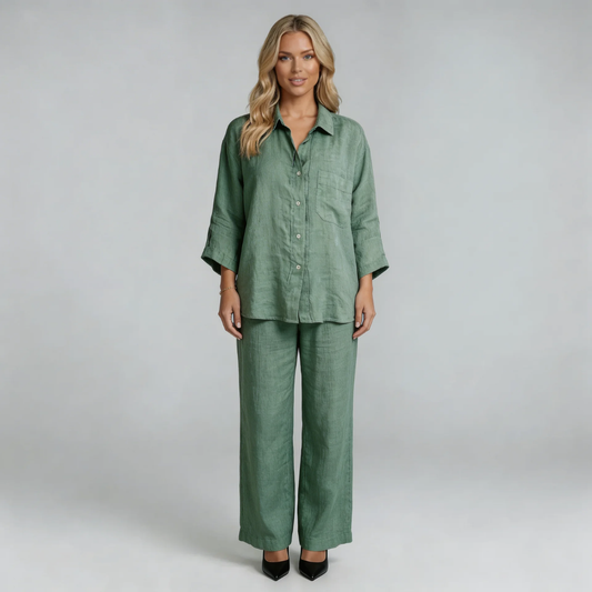 Green linen button-up shirt and wide-leg pants set — front view showcasing relaxed fit
