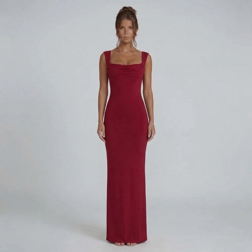 Red bow-back maxi dress featuring a draped neckline and curve-skimming silhouette — front view.