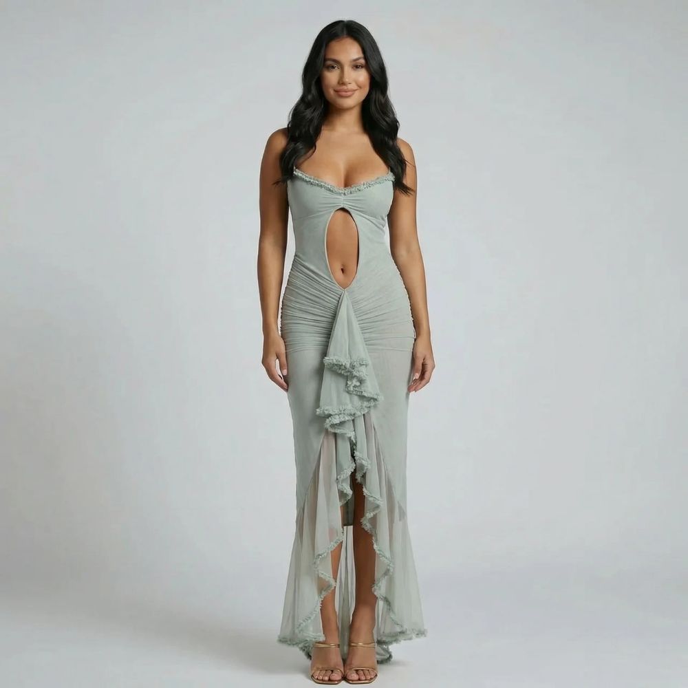 Green cutout maxi dress with ruched fit and ruffled slit — front view