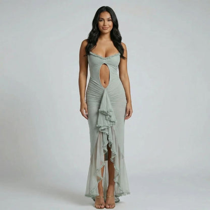 Green cutout maxi dress with ruched fit and ruffled slit — front view