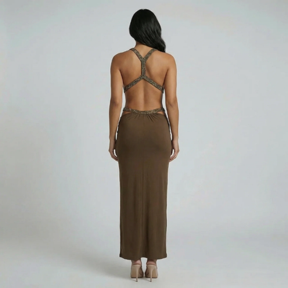 Back view of olive crystal embellished maxi dress — open-back design with cutout detailing.