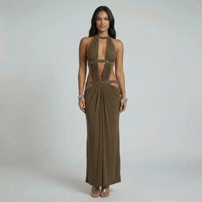 Olive crystal embellished cutout maxi dress — front view showing halter neckline and draped skirt.