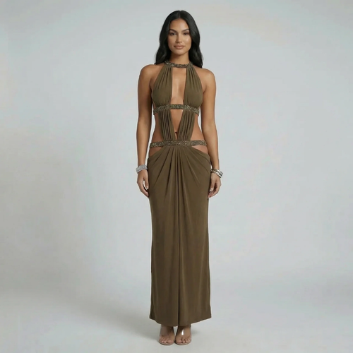 Olive crystal embellished cutout maxi dress — front view showing halter neckline and draped skirt.