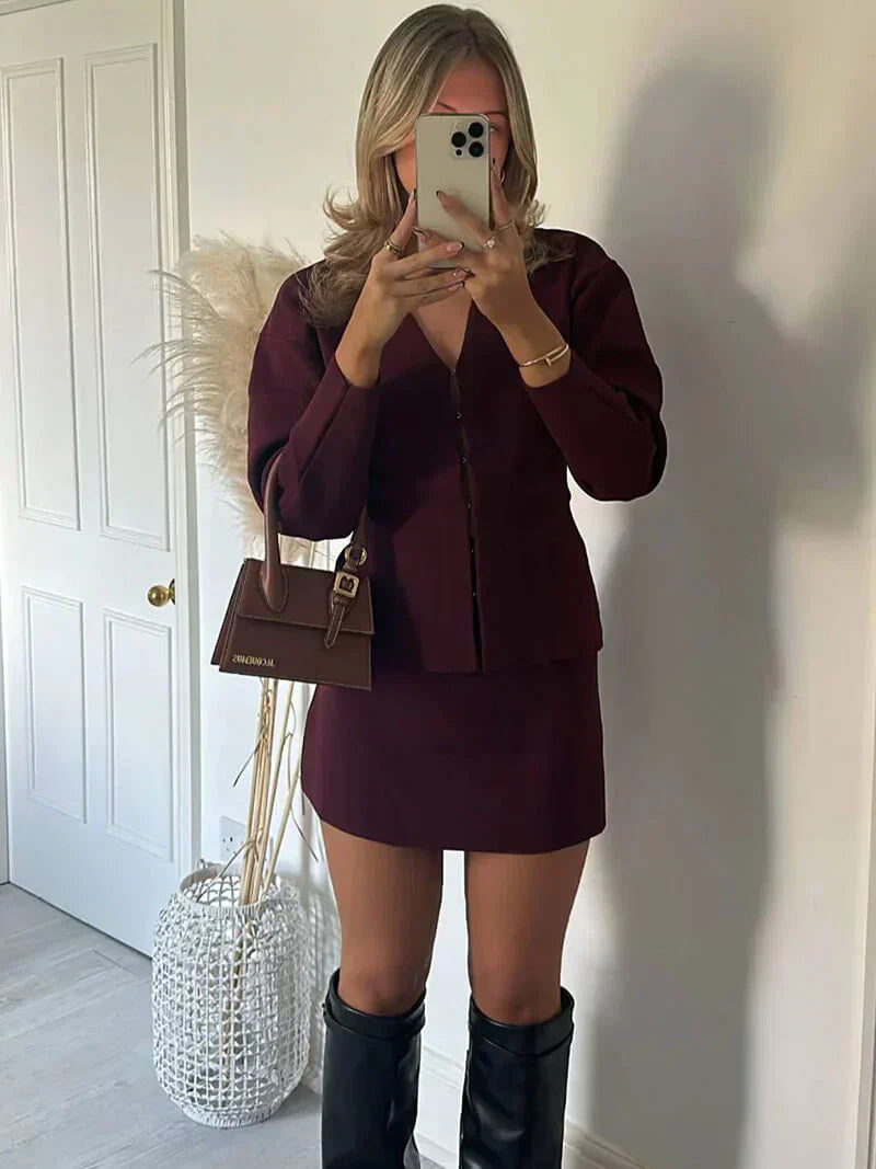 Melisa Ribbed Long Set in Burgundy