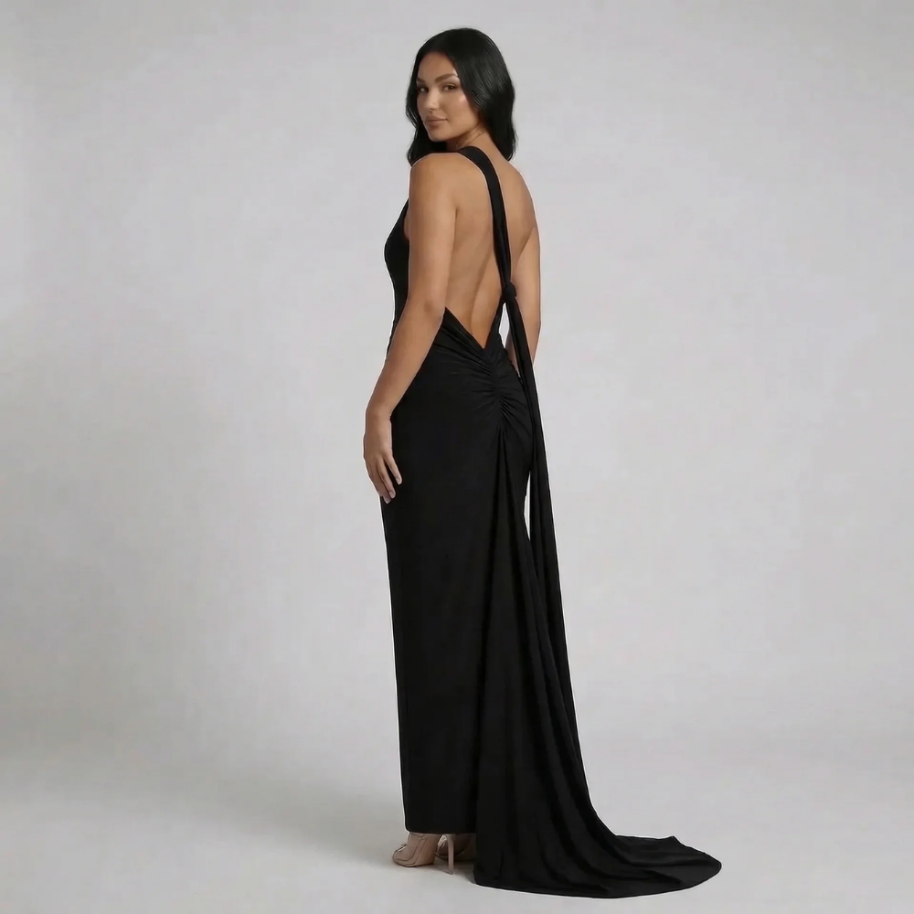 Black halter maxi dress with ruched back — back view showcasing elegant design