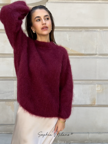 Women burgundy crew neck balloon sweater, detail close-up
