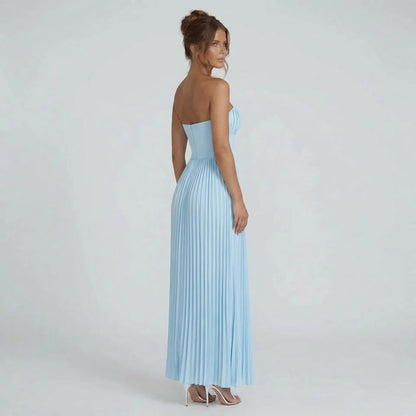 Sky blue pleated maxi dress — side view highlighting silhouette and pleated details
