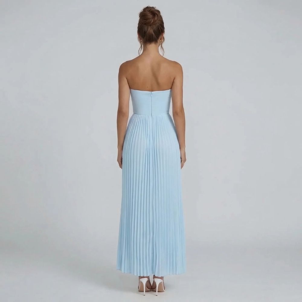 Sky blue pleated maxi dress — back view showing zip closure and strapless design
