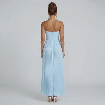 Sky blue pleated maxi dress — back view showing zip closure and strapless design
