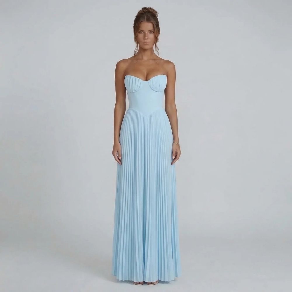 Sky blue strapless pleated maxi dress — front view showing corset bodice