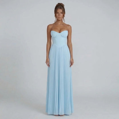 Sky blue strapless pleated maxi dress — front view showing corset bodice