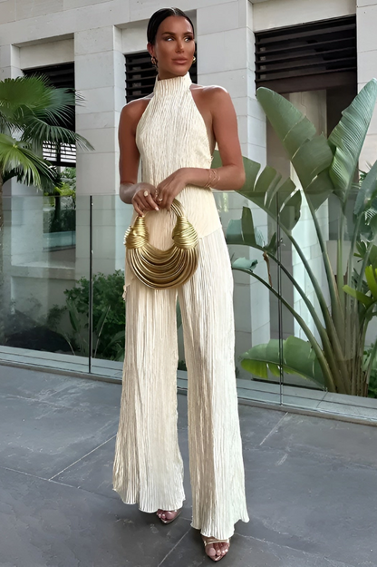 Women halter neck halter pleated jumpsuit, front view