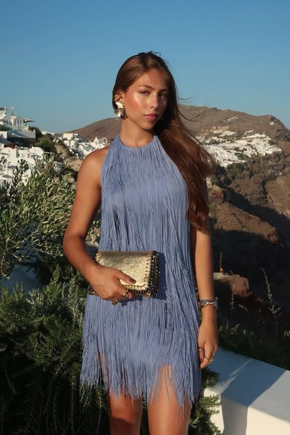 Women blue halter mini dress, side view