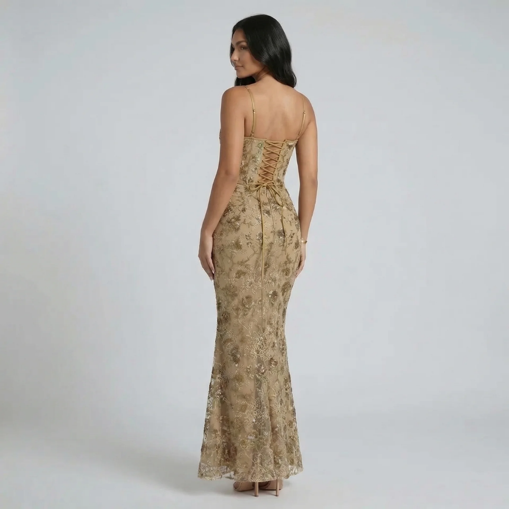 Beige floral lace corset maxi dress — back view detailing intricate lace-up design and full-length silhouette.