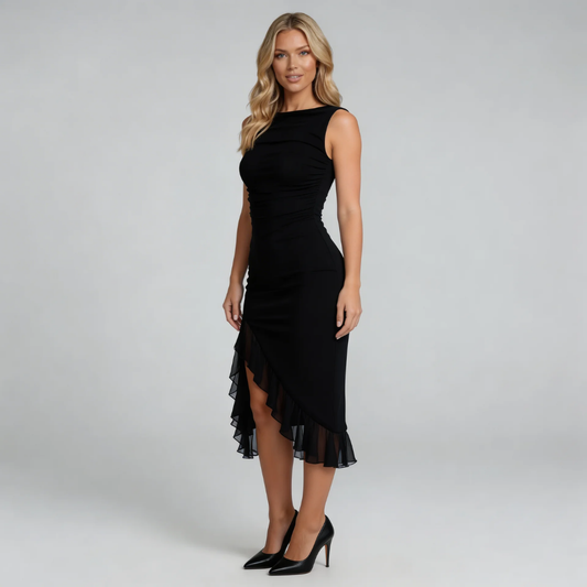 Black ruched midi dress with bateau neckline and asymmetric mesh ruffle hem — front view