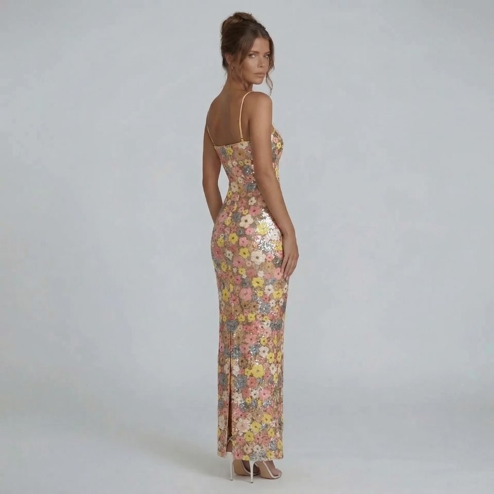 Tan floral sequin maxi dress — side view showcasing body-skimming fit and back slit.