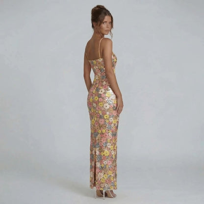 Tan floral sequin maxi dress — side view showcasing body-skimming fit and back slit.