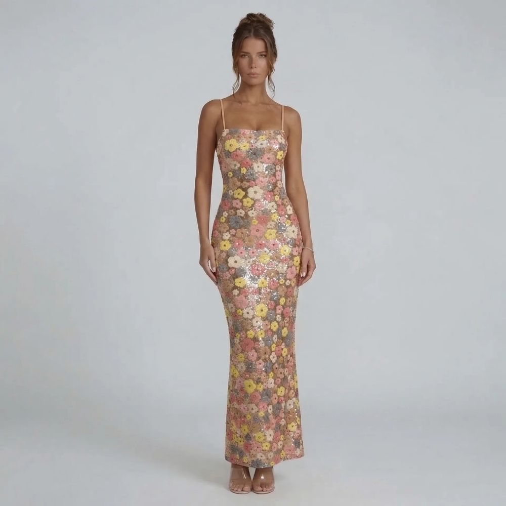 Tan floral sequin maxi dress with spaghetti straps and square neckline — front view.