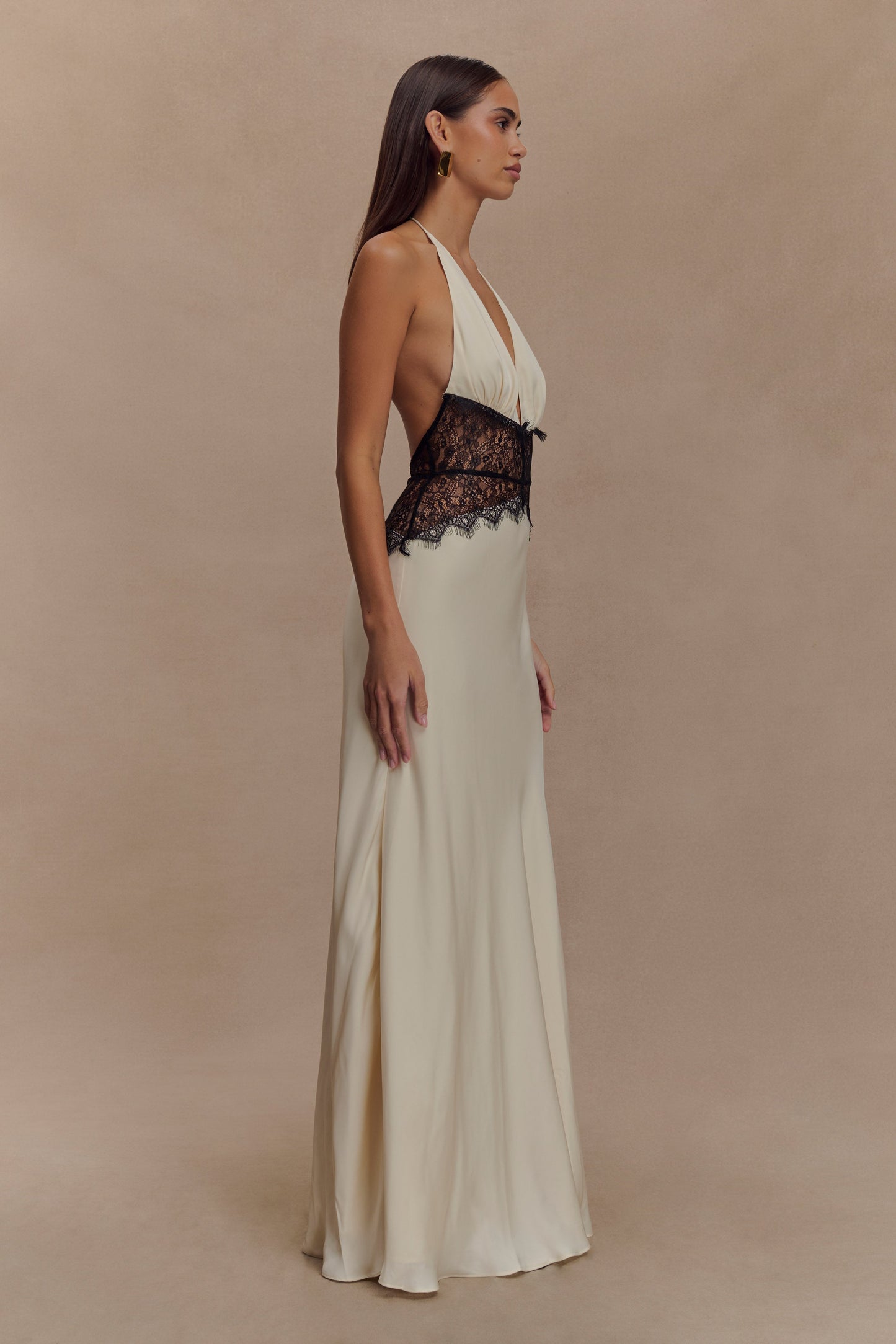 Women halter maxi dress, side view
