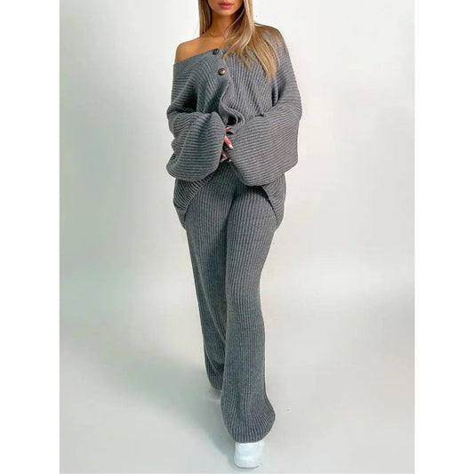 Women gray v neck off-shoulder set, front view