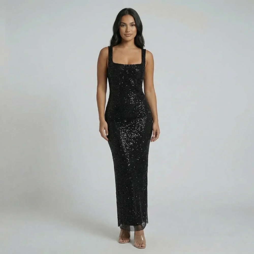 Black mesh shimmer maxi dress — front view with sculpted silhouette