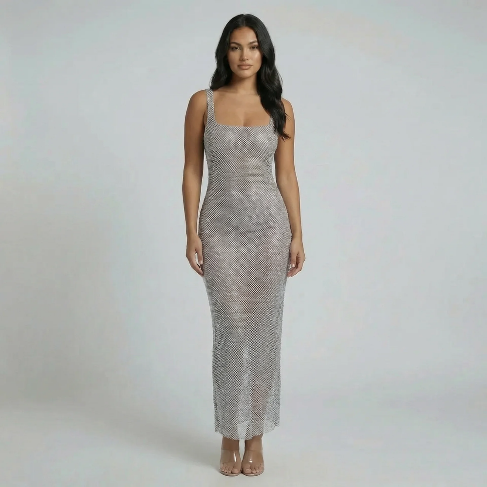 Silver mesh shimmer maxi dress — front view with square neckline and sculpted fit