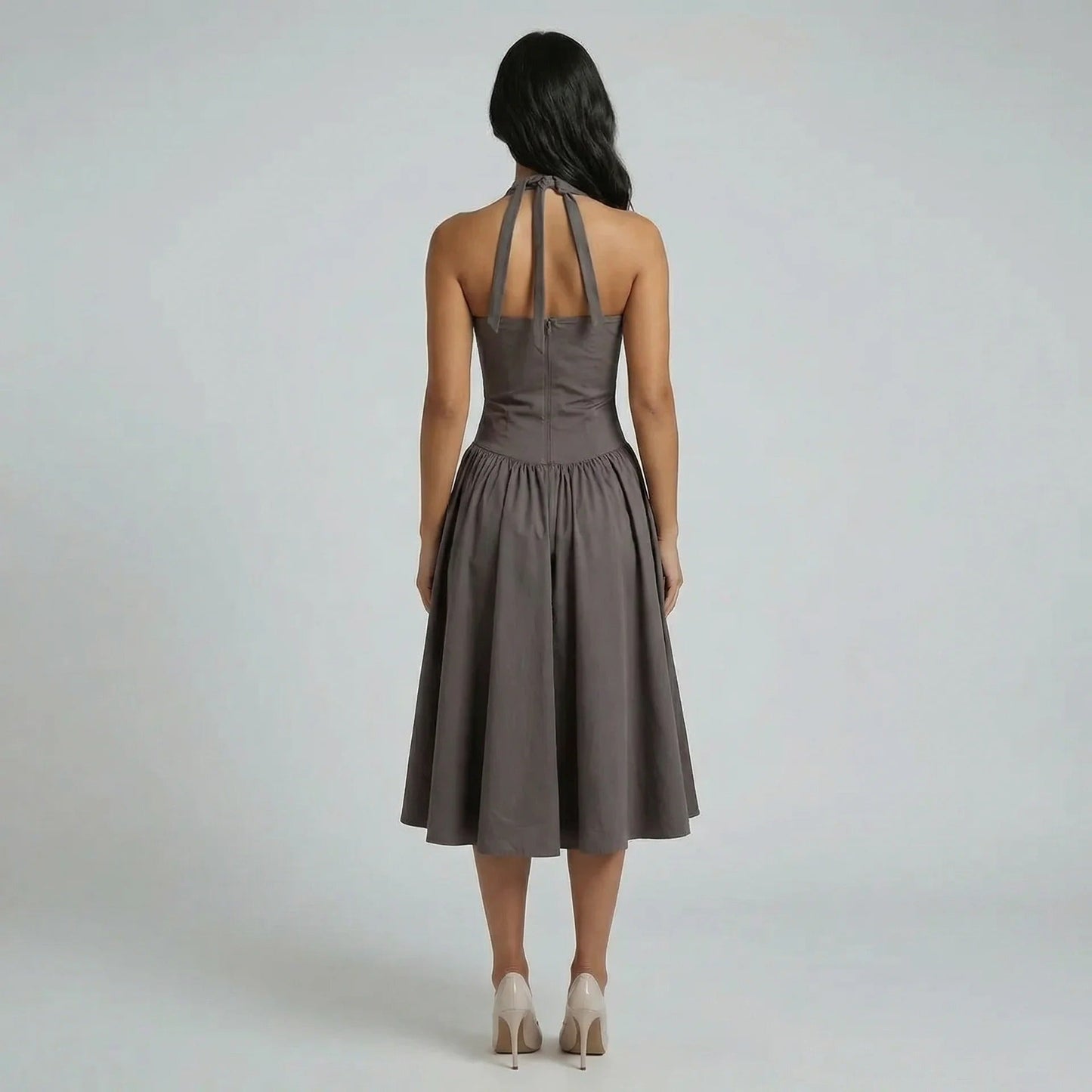 Gray corset midi dress — back view showing halter tie and zip closure details.