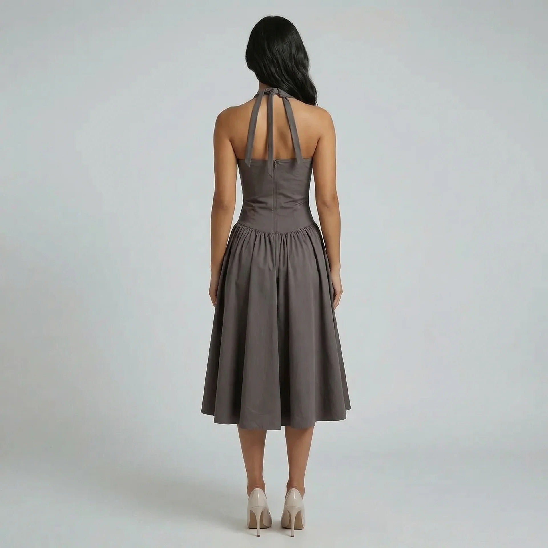 Gray corset midi dress — back view showing halter tie and zip closure details.