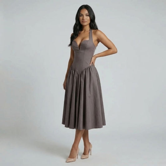 Gray corset midi dress with sweetheart neckline and gathered skirt — front view showcasing full silhouette.