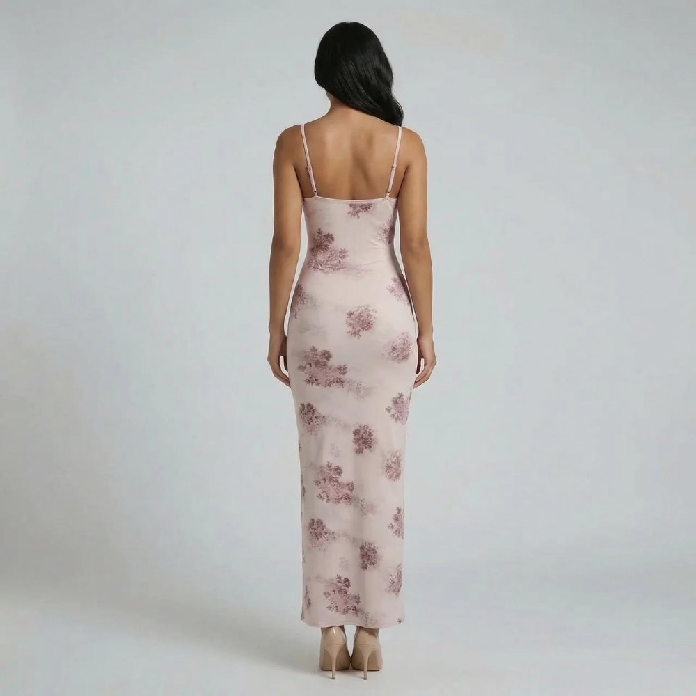 Rose gold floral maxi dress with corset-style back — rear view.