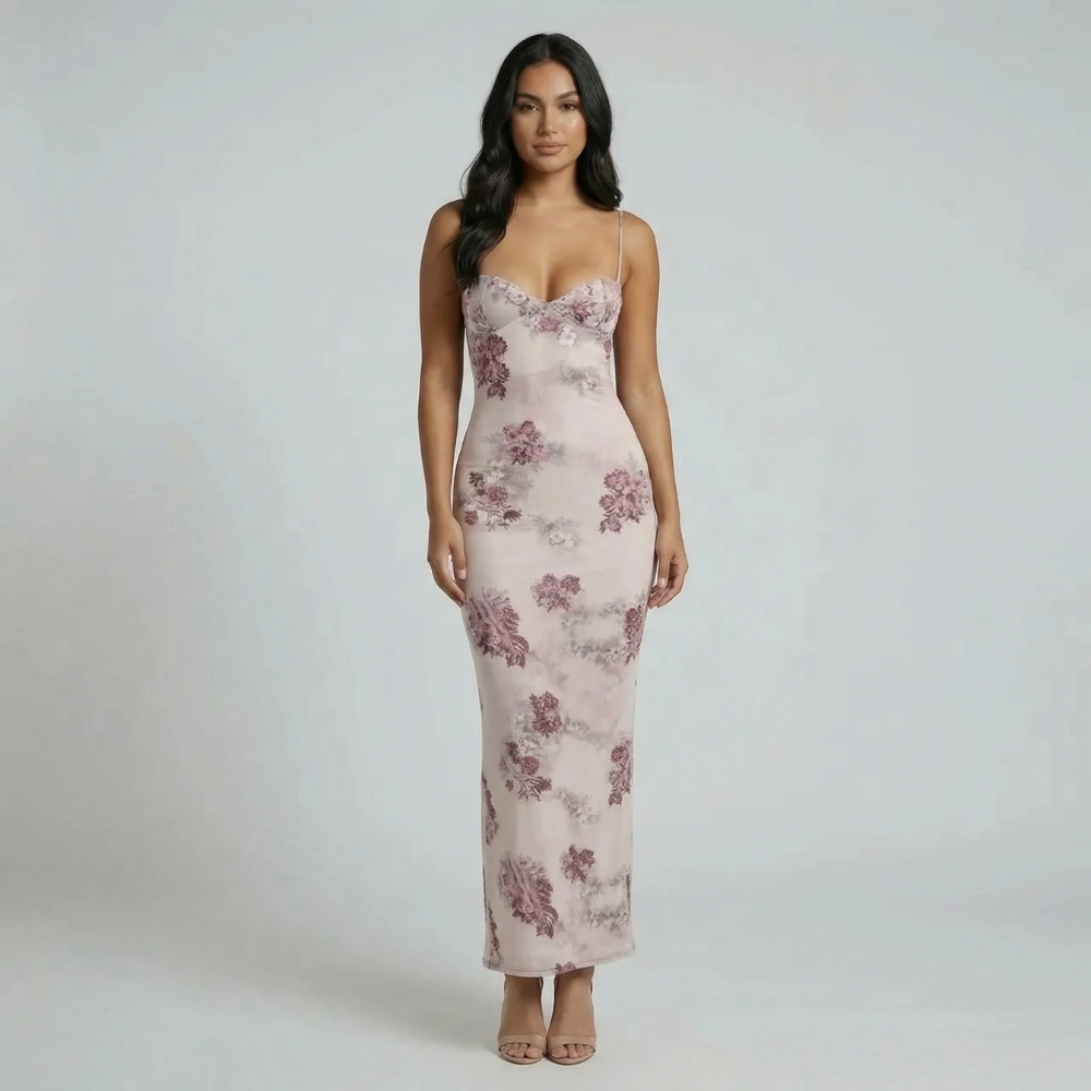Rose gold floral maxi dress with bustier neckline and spaghetti straps — front view.