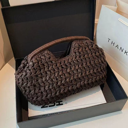 Natalia Woven Raffia Clutch in Brown