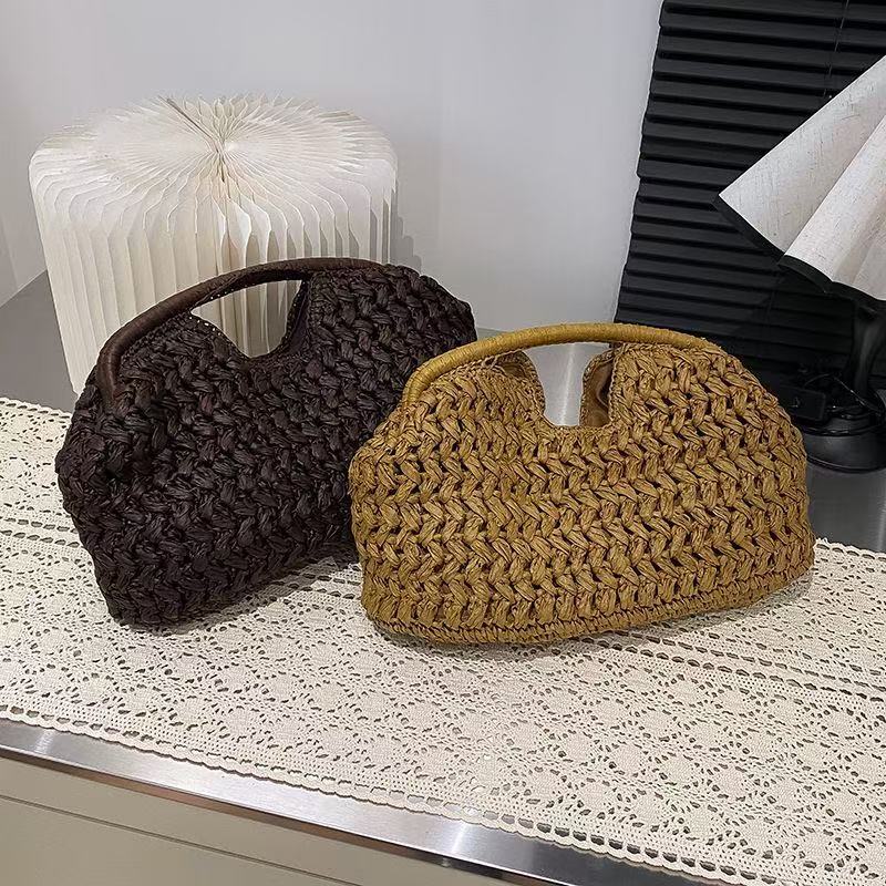 Natalia Woven Raffia Clutch in Brown