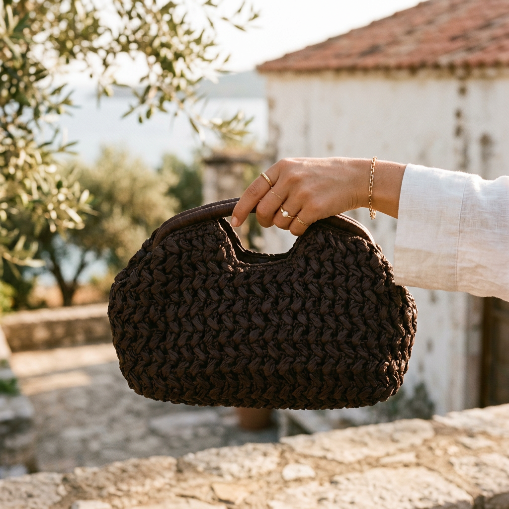 Natalia Woven Raffia Clutch in Brown